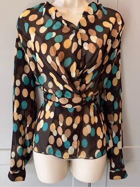 E.K. Designs Y2K Sheer Blouse Small Brown Turquoise Abstract Polka Dot Size 8